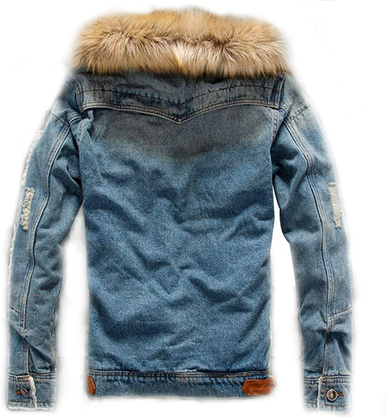 Men's Faux Fur Black Sherpa Fleece Lined Distressed Denim Trucker Jacket