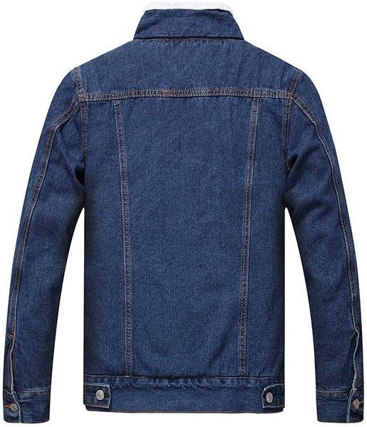 Men's Faux Fur Dark Blue Sherpa Fleece Lined Denim Trucker Jacket