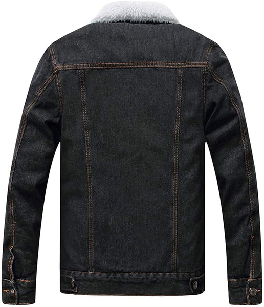 Men's Faux Fur Collar Retro Black Sherpa Fleece Lined Distressed Denim Trucker Jacket