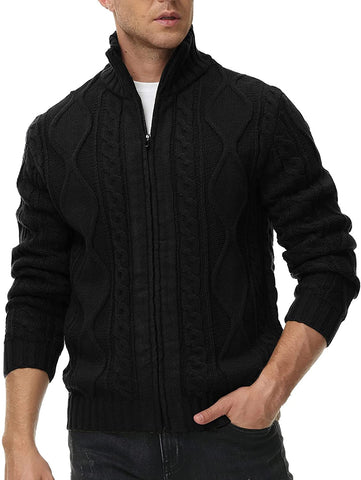 Men's Black Cable Knit Zip Up Long Sleeve Cardigan Sweater