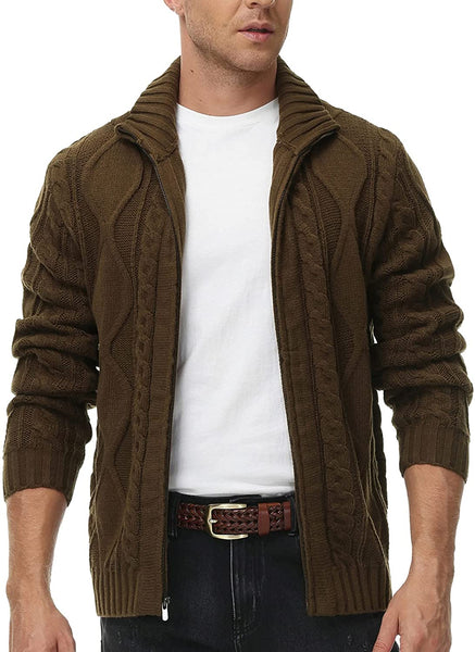 Twisted Collar Cable Coffee Full Zip Up Cardigan Sweater