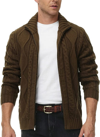 Twisted Collar Cable Coffee Full Zip Up Cardigan Sweater