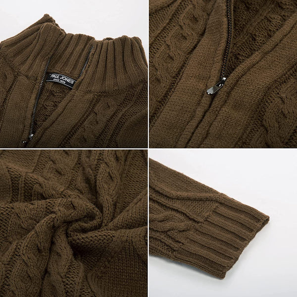 Twisted Collar Cable Coffee Full Zip Up Cardigan Sweater