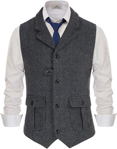 Men's Slim Fit Brown Tailored Collar Wool Tweed Suit Vest