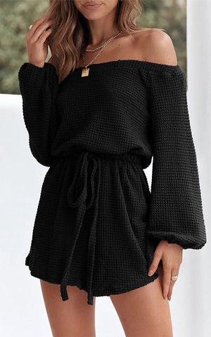 Waffle Knit Black Off Shoulder Long Sleeve Romper Jumpsuit