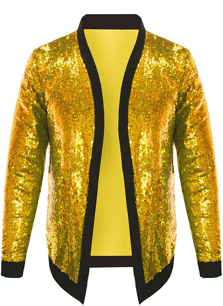 Men's Blue Sparkle Sequin Open Front Long Sleeve Jacket with Ribbed Cuffs