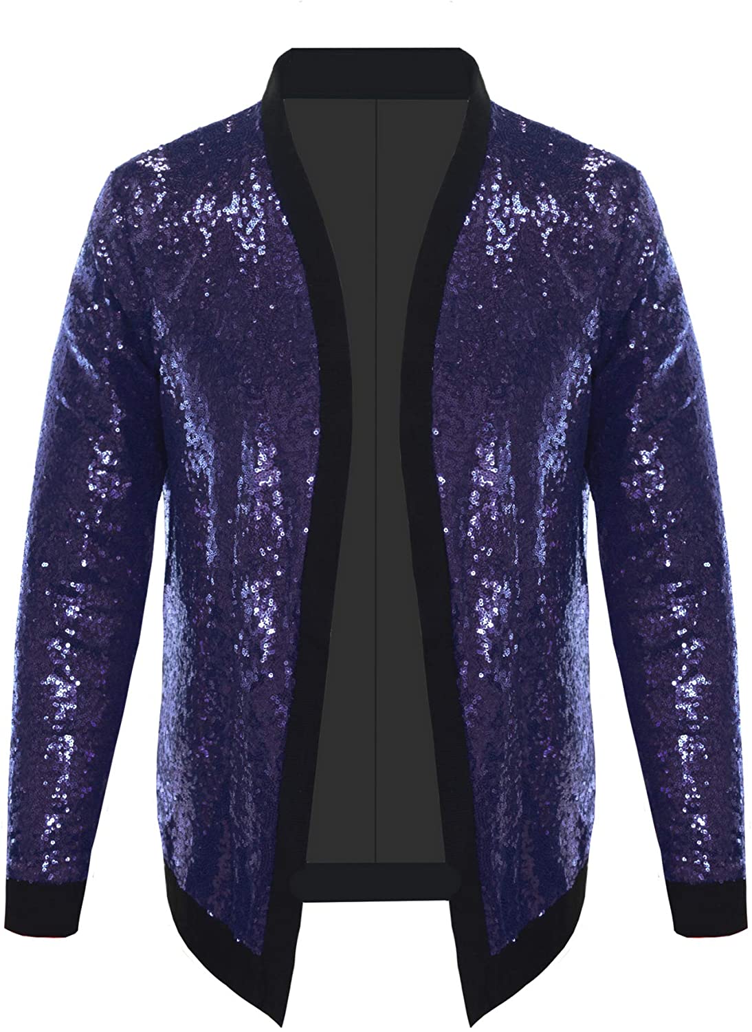 Men's Purple Sparkle Sequin Open Front Long Sleeve Jacket with Ribbed Cuffs