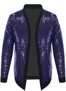 Men's Purple Sparkle Sequin Open Front Long Sleeve Jacket with Ribbed Cuffs