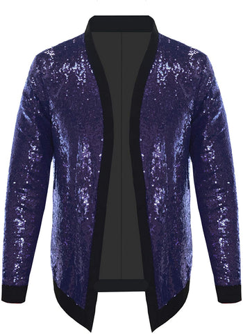 Men's Purple Sparkle Sequin Open Front Long Sleeve Jacket with Ribbed Cuffs