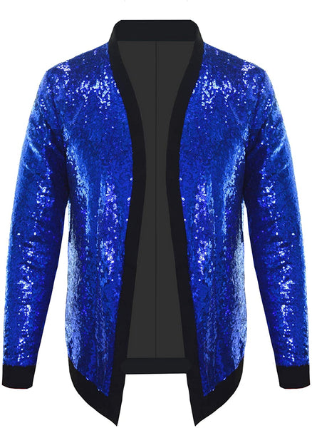 Men's Purple Sparkle Sequin Open Front Long Sleeve Jacket with Ribbed Cuffs