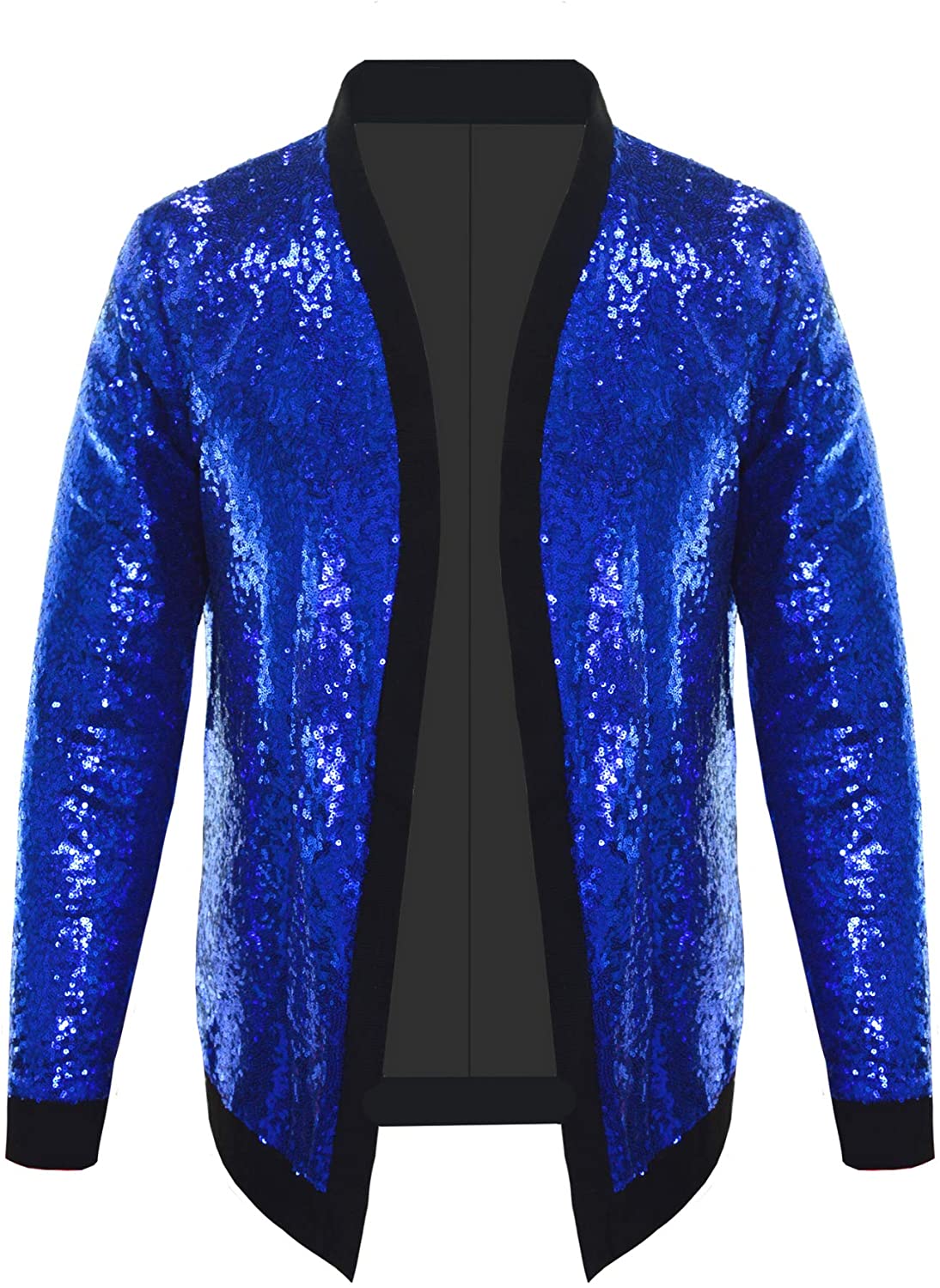 Men's Blue Sparkle Sequin Open Front Long Sleeve Jacket with Ribbed Cuffs