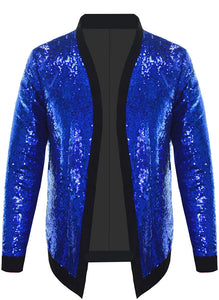 Men's Blue Sparkle Sequin Open Front Long Sleeve Jacket with Ribbed Cuffs