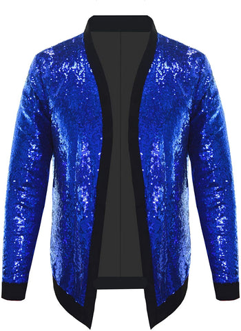 Men's Blue Sparkle Sequin Open Front Long Sleeve Jacket with Ribbed Cuffs