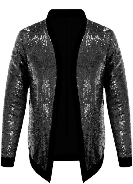 Men's Purple Sparkle Sequin Open Front Long Sleeve Jacket with Ribbed Cuffs