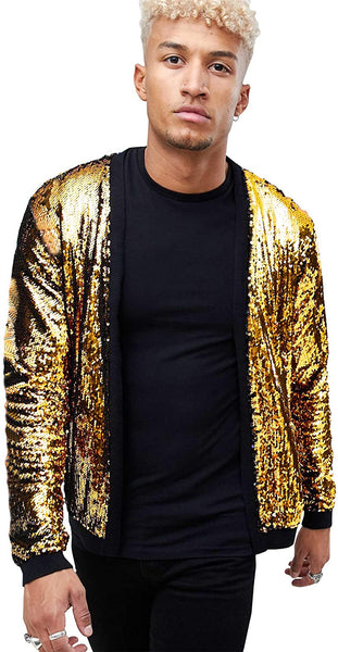 Men's Blue Sparkle Sequin Open Front Long Sleeve Jacket with Ribbed Cuffs