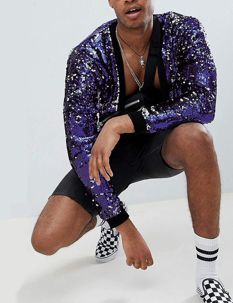 Men's Purple Sparkle Sequin Open Front Long Sleeve Jacket with Ribbed Cuffs