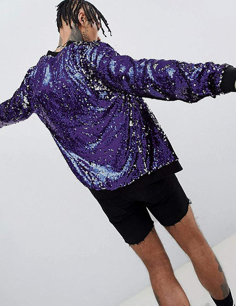 Men's Purple Sparkle Sequin Open Front Long Sleeve Jacket with Ribbed Cuffs