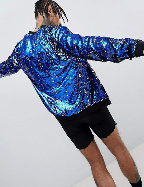 Men's Blue Sparkle Sequin Open Front Long Sleeve Jacket with Ribbed Cuffs