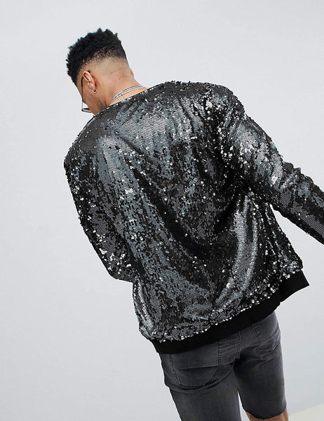 Men's Blue Sparkle Sequin Open Front Long Sleeve Jacket with Ribbed Cuffs