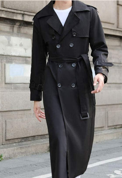 Oversized Black Men's Double Breasted Long Trench Coat