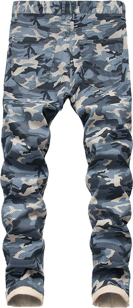 Men's Blue Camo Stretched Moto Denim Pants