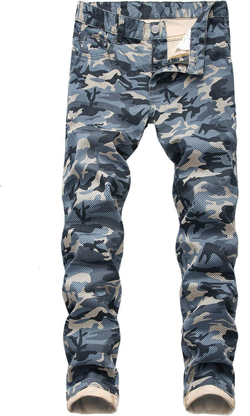 Men's Blue Camo Stretched Moto Denim Pants