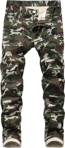 Men's Green Camo Stretched Moto Denim Pants