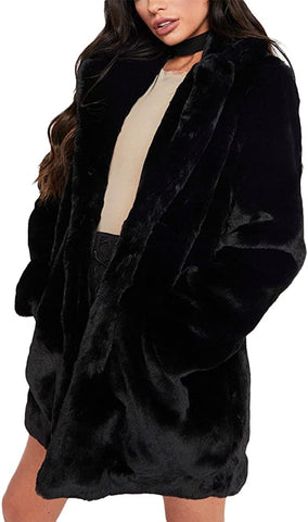 Women's Black Winter Warm Lapel Long Sleeve Faux Fur Coat