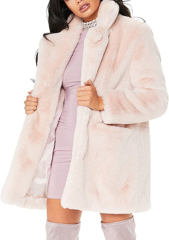 Women's Pink Winter Warm Lapel Long Sleeve Faux Fur Coat