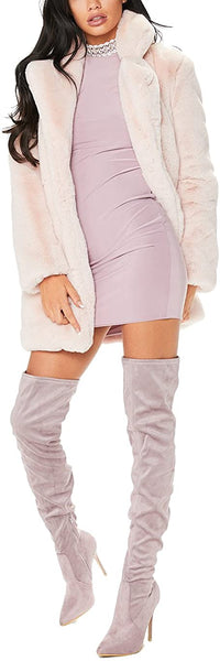 Women's Pink Winter Warm Lapel Long Sleeve Faux Fur Coat