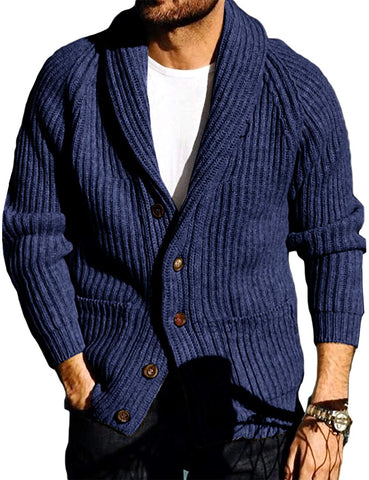 Men's Deep Blue Cable Knit Long Sleeve Cardigan Outerwear