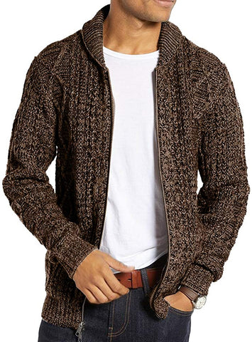 Men's Ash Brown Cable Knit Long Sleeve Cardigan Outerwear