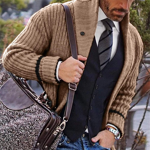 Men's Khaki Cable Knit Long Sleeve Cardigan Outerwear