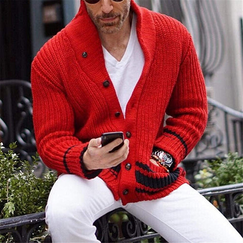 Men's Red Cable Knit Long Sleeve Cardigan Outerwear