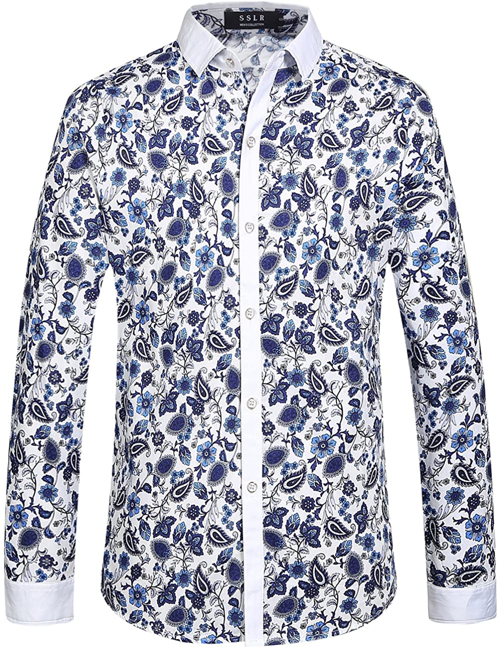 Casual White Paisley Printed Men's Long Sleeve Shirt