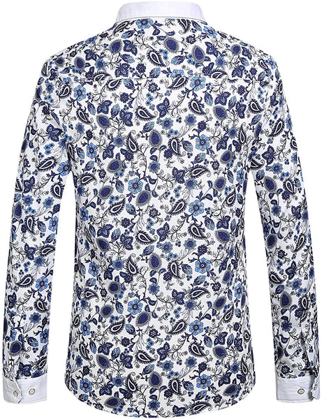 Casual White Paisley Printed Men's Long Sleeve Shirt