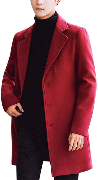 Men's Red Notched Lapel Single breasted Long Pea Coat Trench Coat