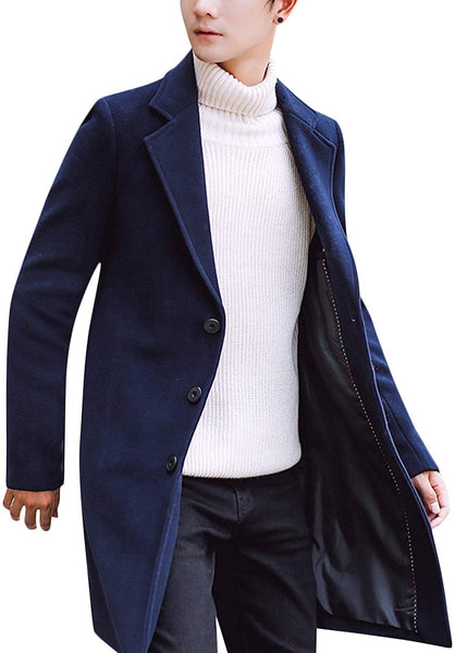 Men's Navy Notched Lapel Single breasted Long Pea Coat Trench Coat