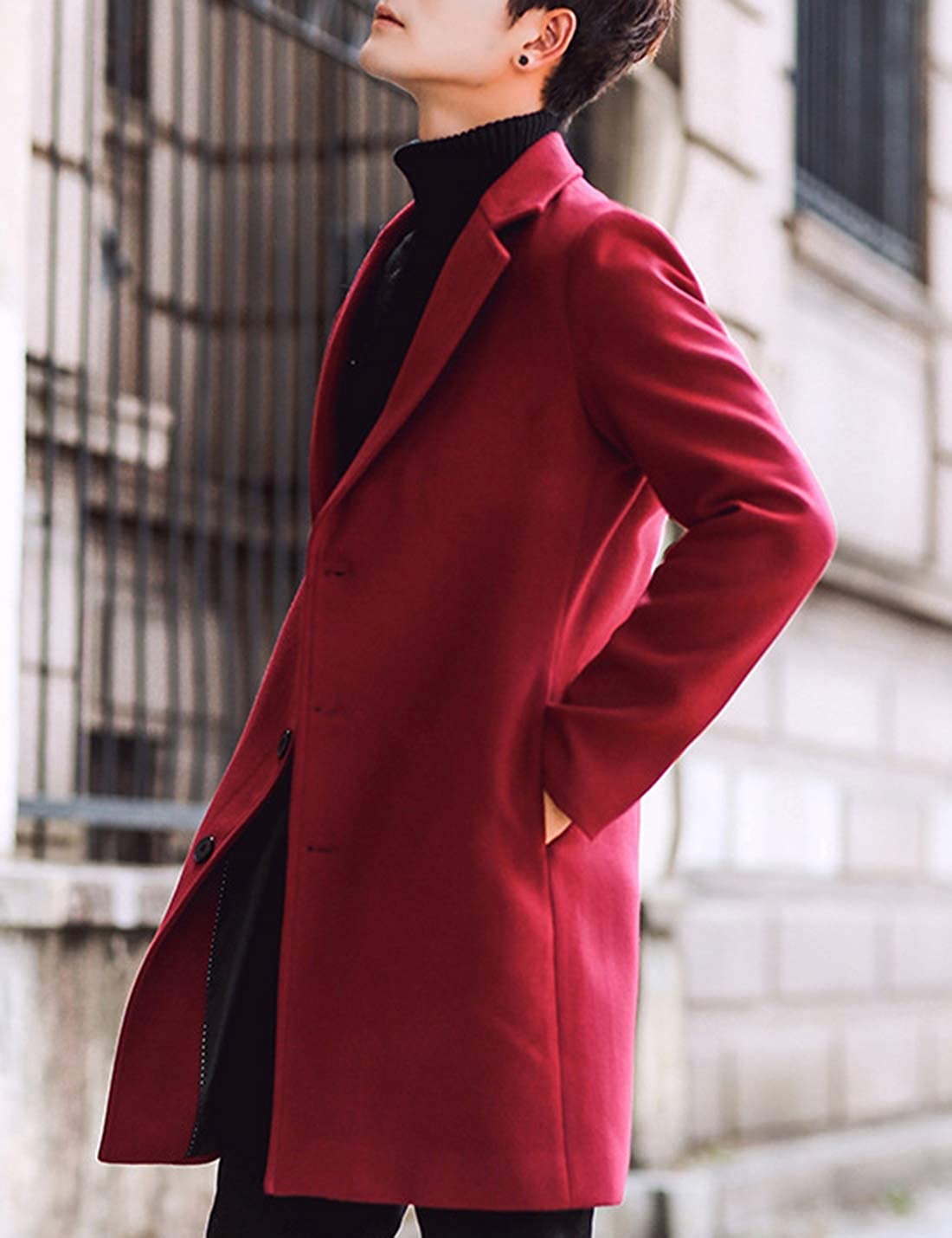 Men's Red Notched Lapel Single breasted Long Pea Coat Trench Coat