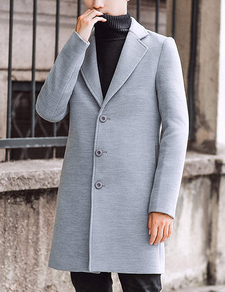 Men's Light Gray Notched Lapel Single breasted Long Pea Coat Trench Coat