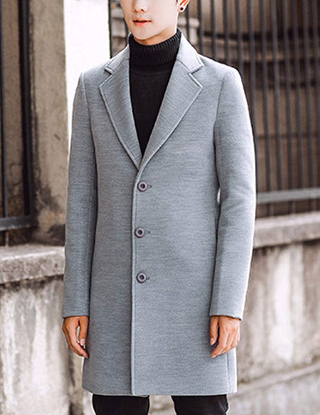 Men's Light Gray Notched Lapel Single breasted Long Pea Coat Trench Coat