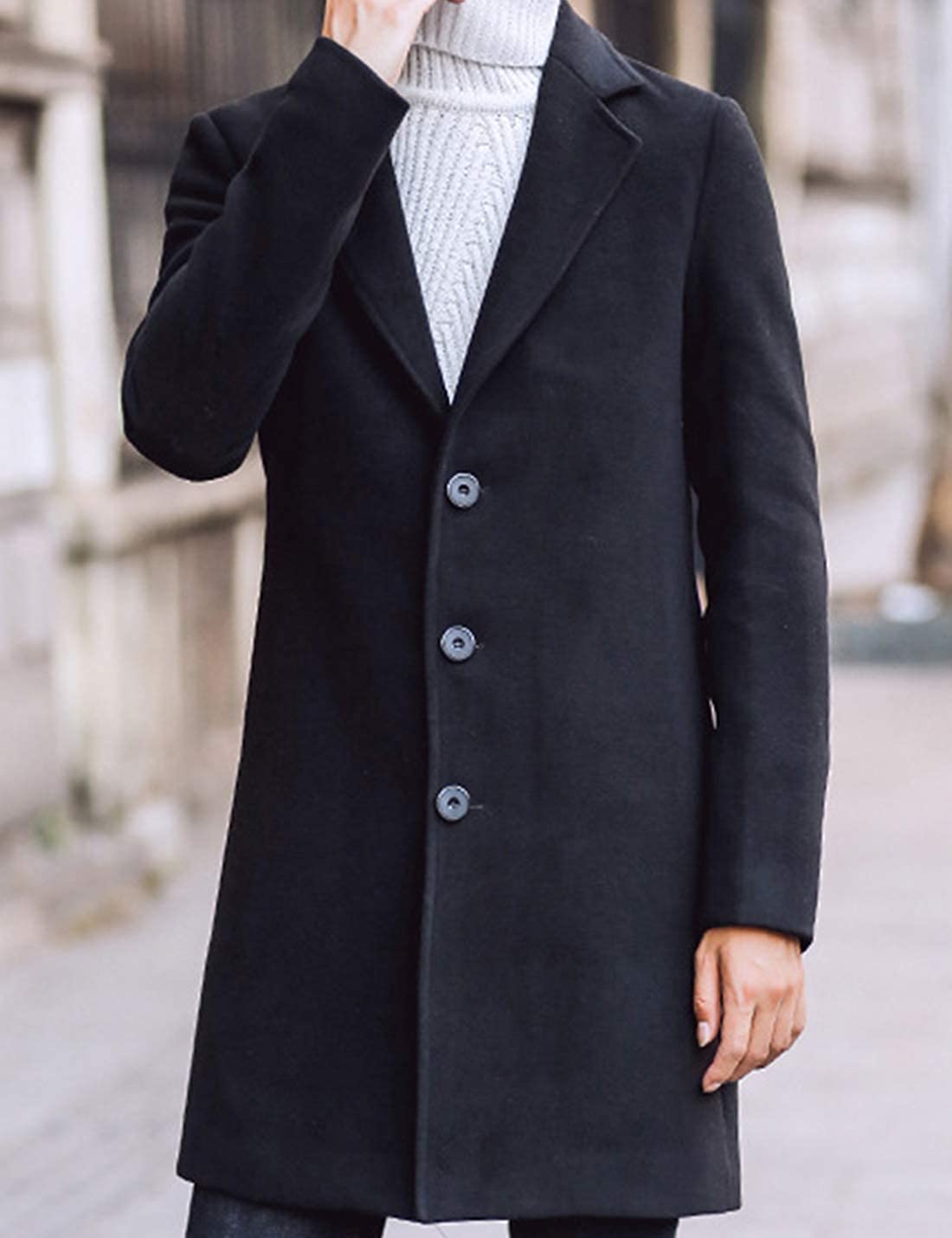 Men's Black Notched Lapel Single Breasted Long Pea Coat Trench Coat