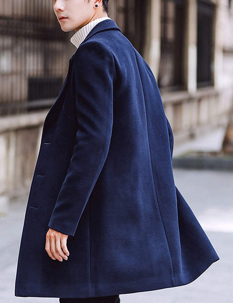 Men's Navy Notched Lapel Single breasted Long Pea Coat Trench Coat