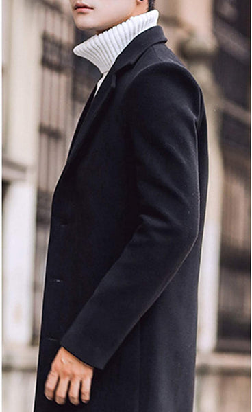 Men's Black Notched Lapel Single Breasted Long Pea Coat Trench Coat