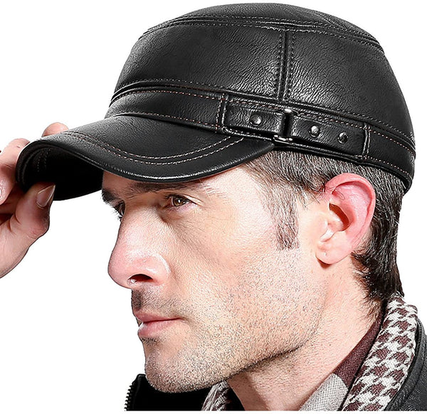 Earflap Military Cadet Black Leather Flat Top Hat