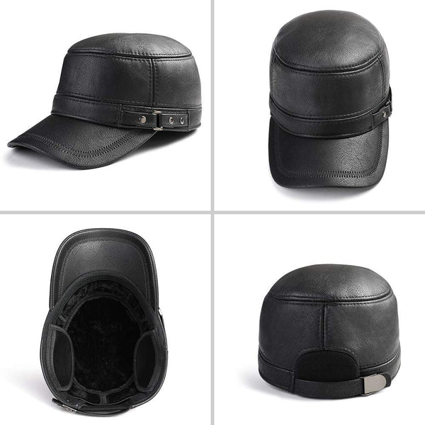 Earflap Military Cadet Black Leather Flat Top Hat