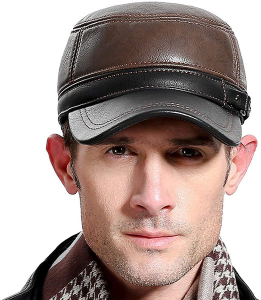 Earflap Military Cadet Brown Leather Flat Top Hat