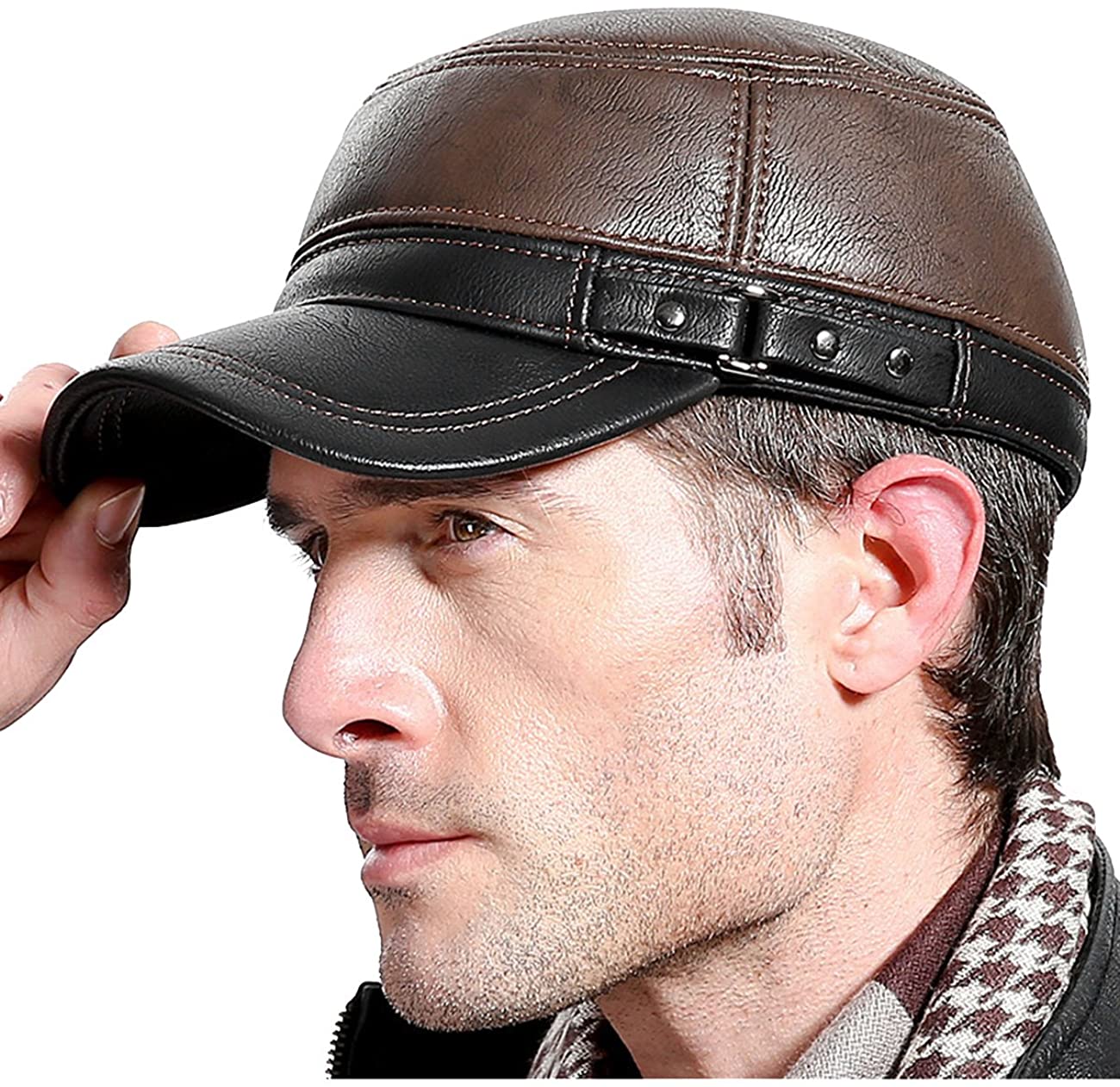 Earflap Military Cadet Brown Leather Flat Top Hat