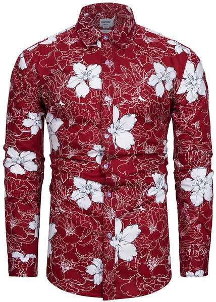 Men's Casual Tropical Floral Long Sleeve Button Up Shirt