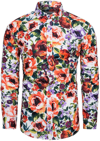 Men's Purple Orange Floral Pattern Print Long Sleeve Shirt